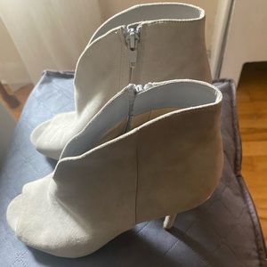 Gray suede Michael Kors peep toe booties with inside ankle zip